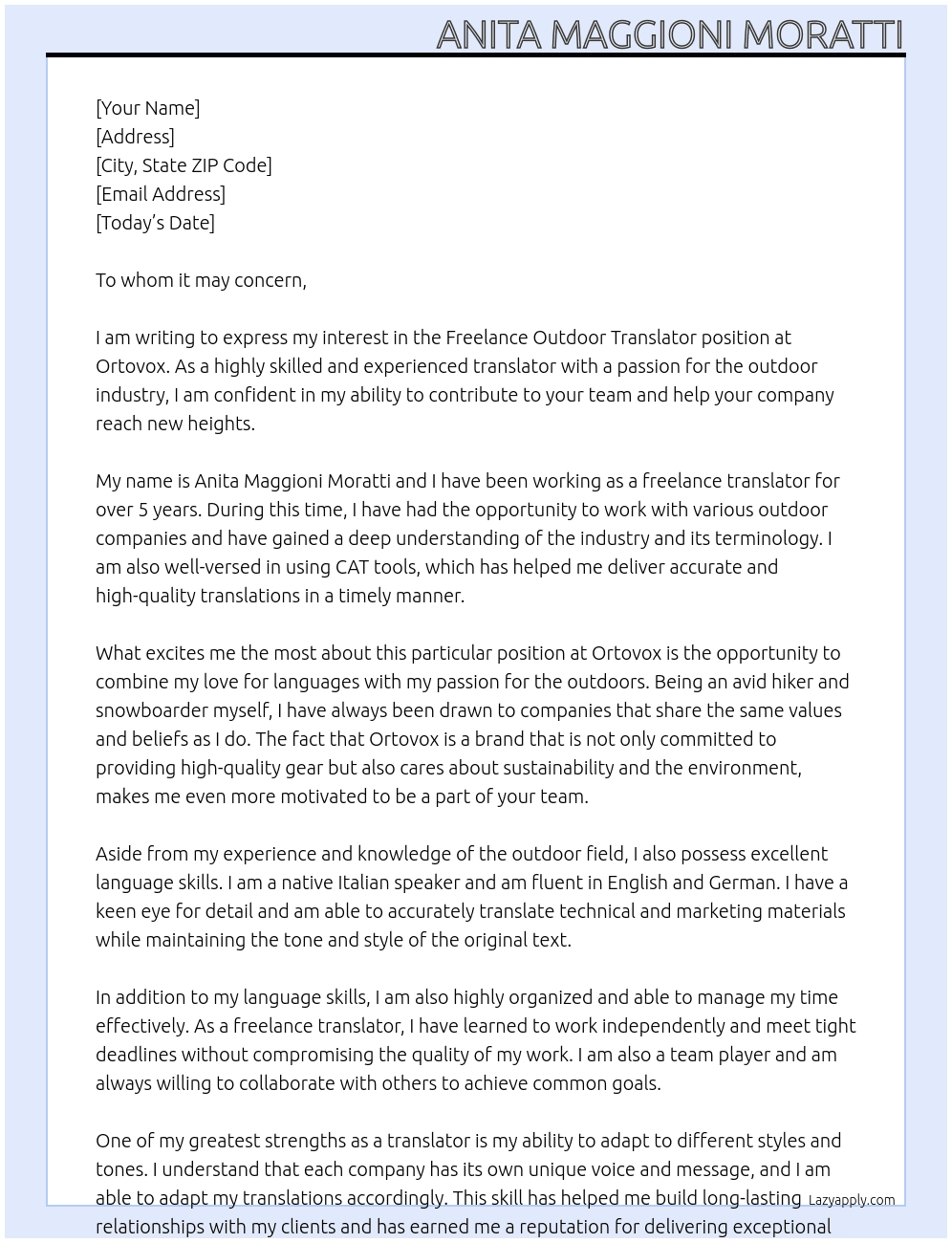 Freelance outdoor translator At Ortovox Cover Letter