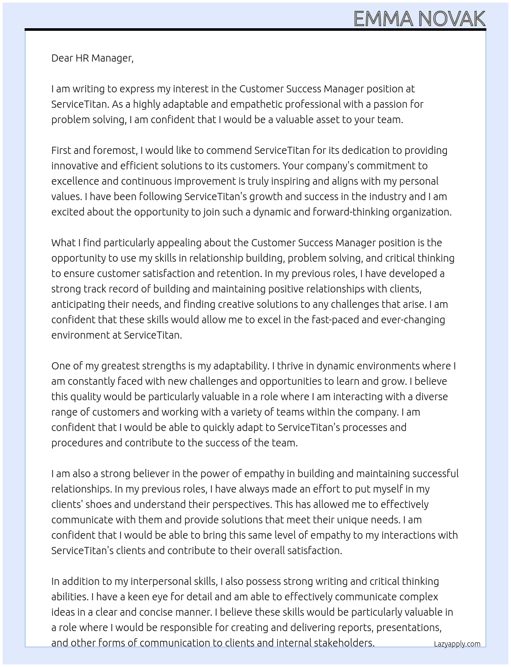 Customer Success Manager At ServiceTitan Cover Letter