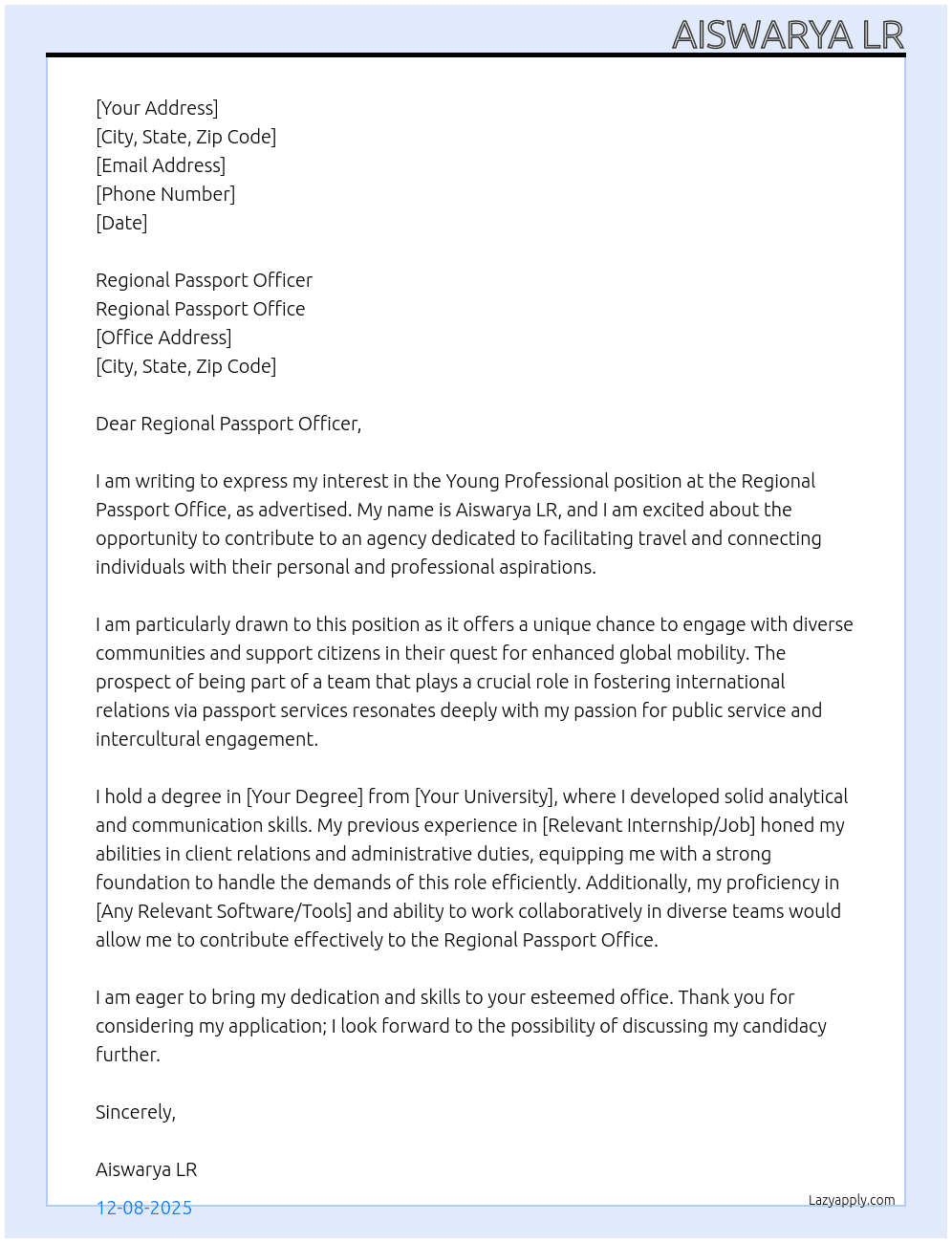 Young Professional At Regional Passport Office Cover Letter