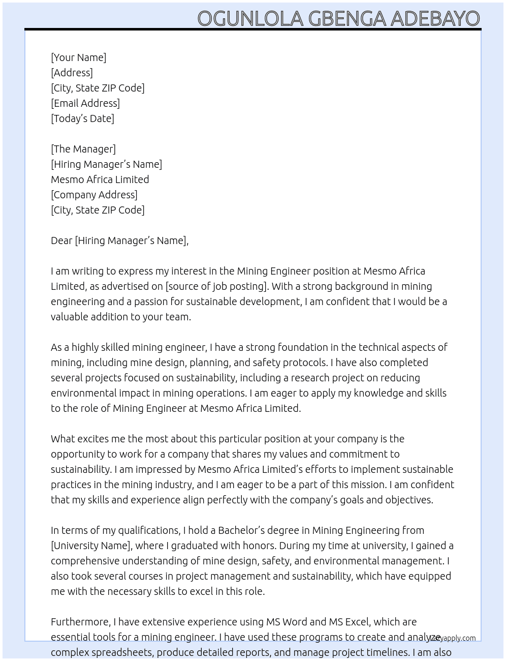 Mining Engineer At Mesmo Africa Limited Cover Letter