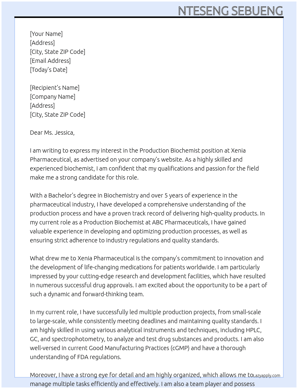Production biochemist At Xenia Pharamceutical Cover Letter