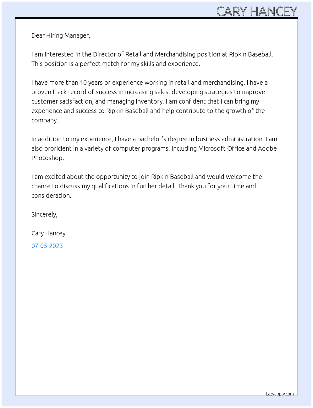 Director of retail and Merchandising  At Ripkin Baseball Cover Letter