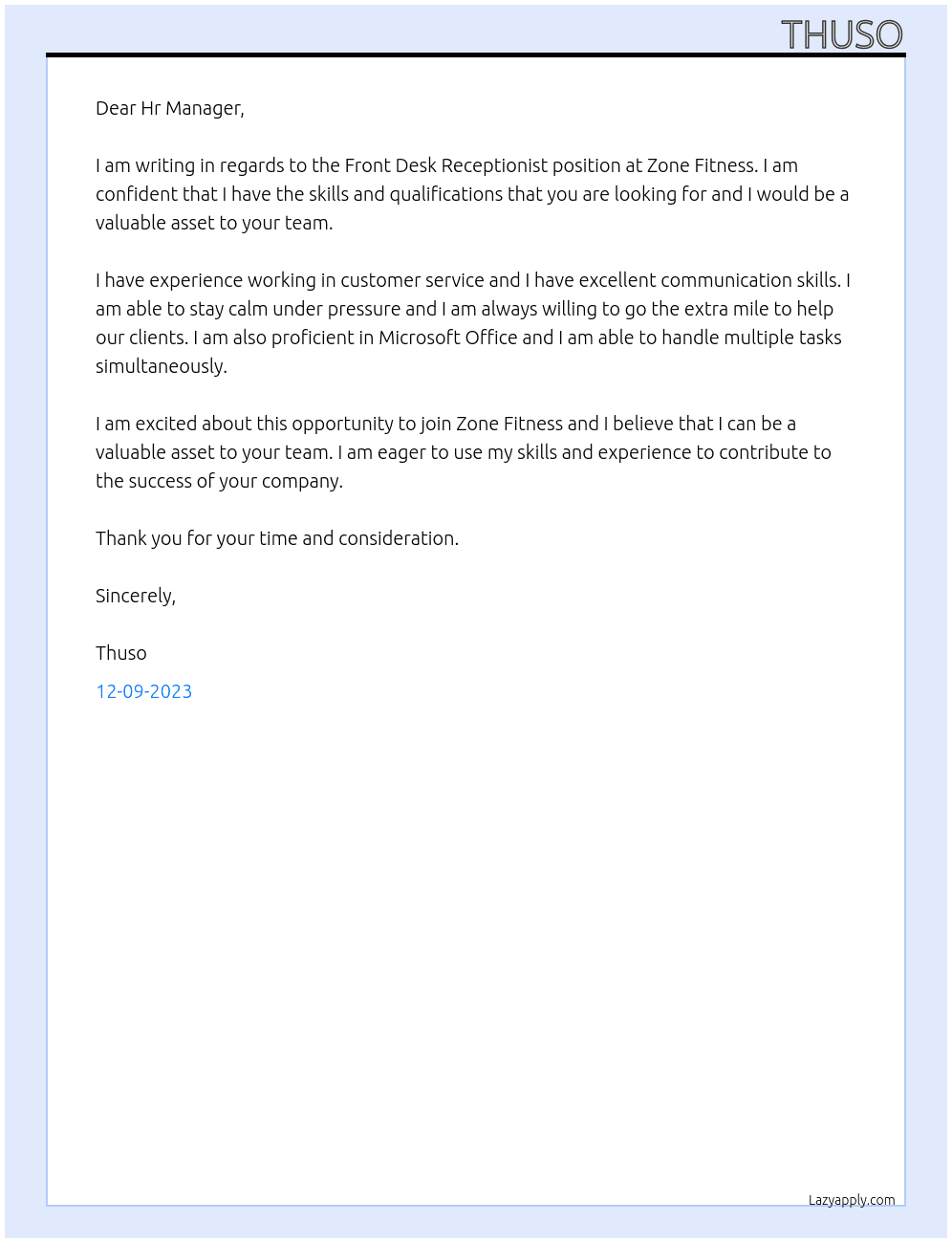 Front Desk Receptionist At Zone Fitness Cover Letter