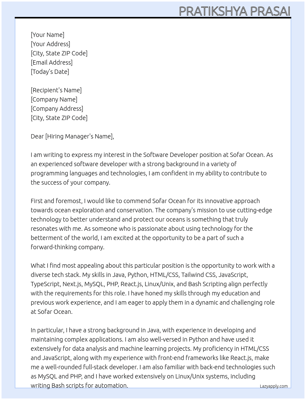 Software Developer At Sofar Ocean Cover Letter