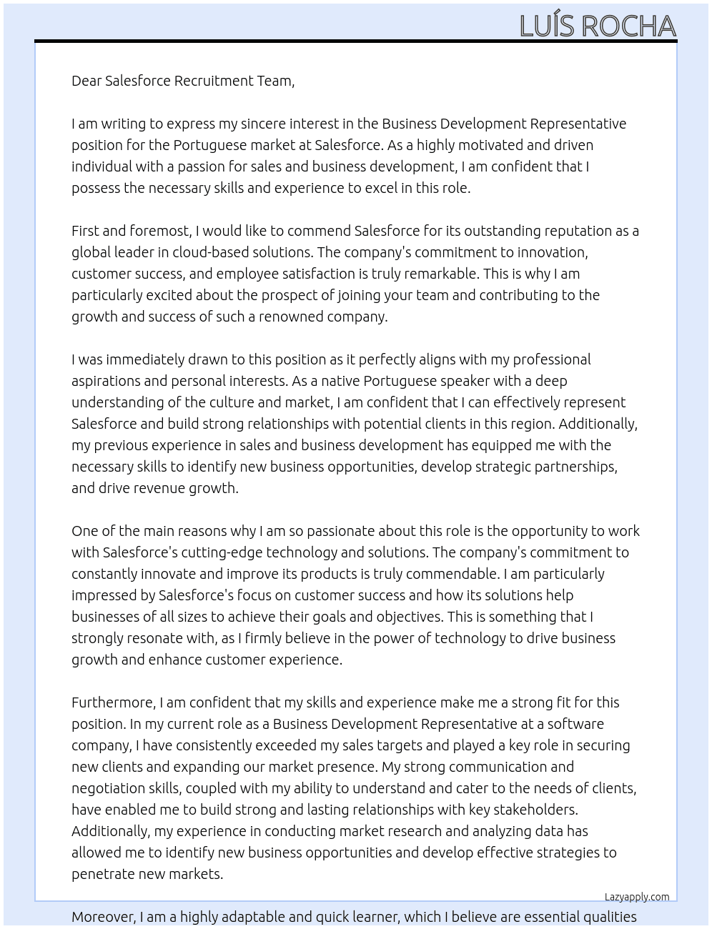 Business development representative, portuguese market At salesforce Cover Letter