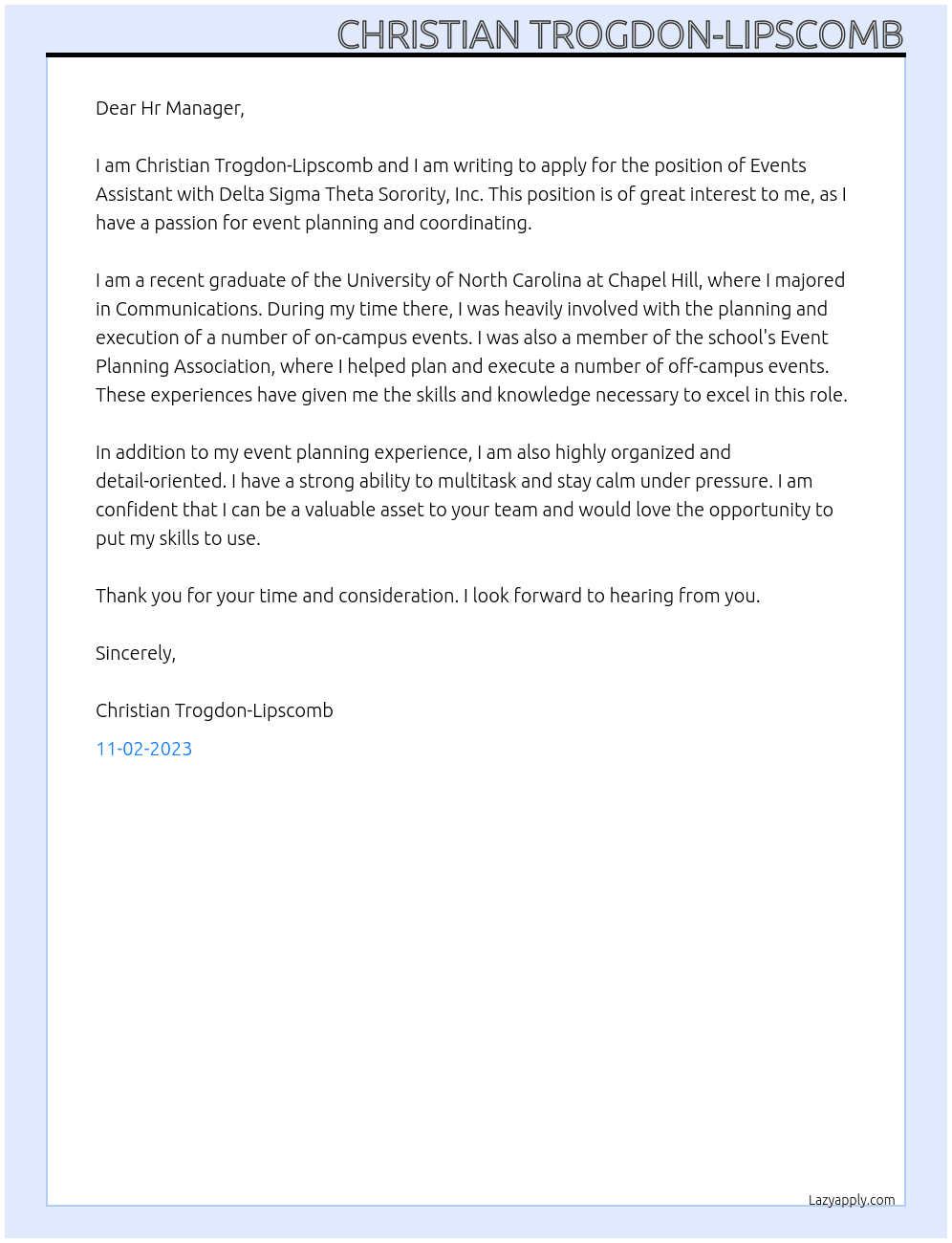 Events Assistant At Delta Sigma Theta Sorority, Inc Cover Letter
