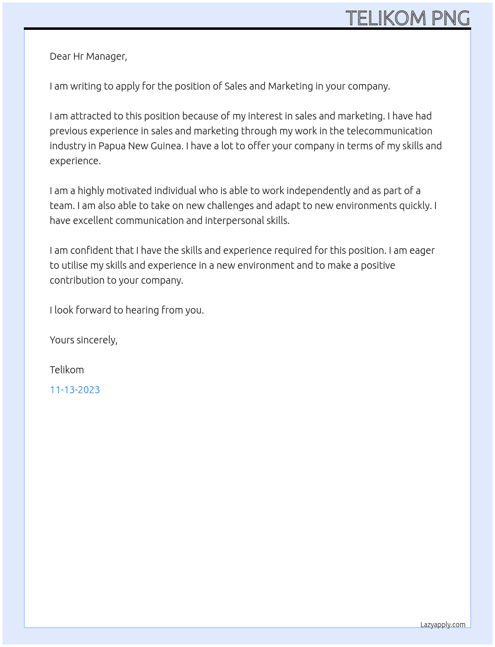 Sales and marketing  At Telikom png Cover Letter