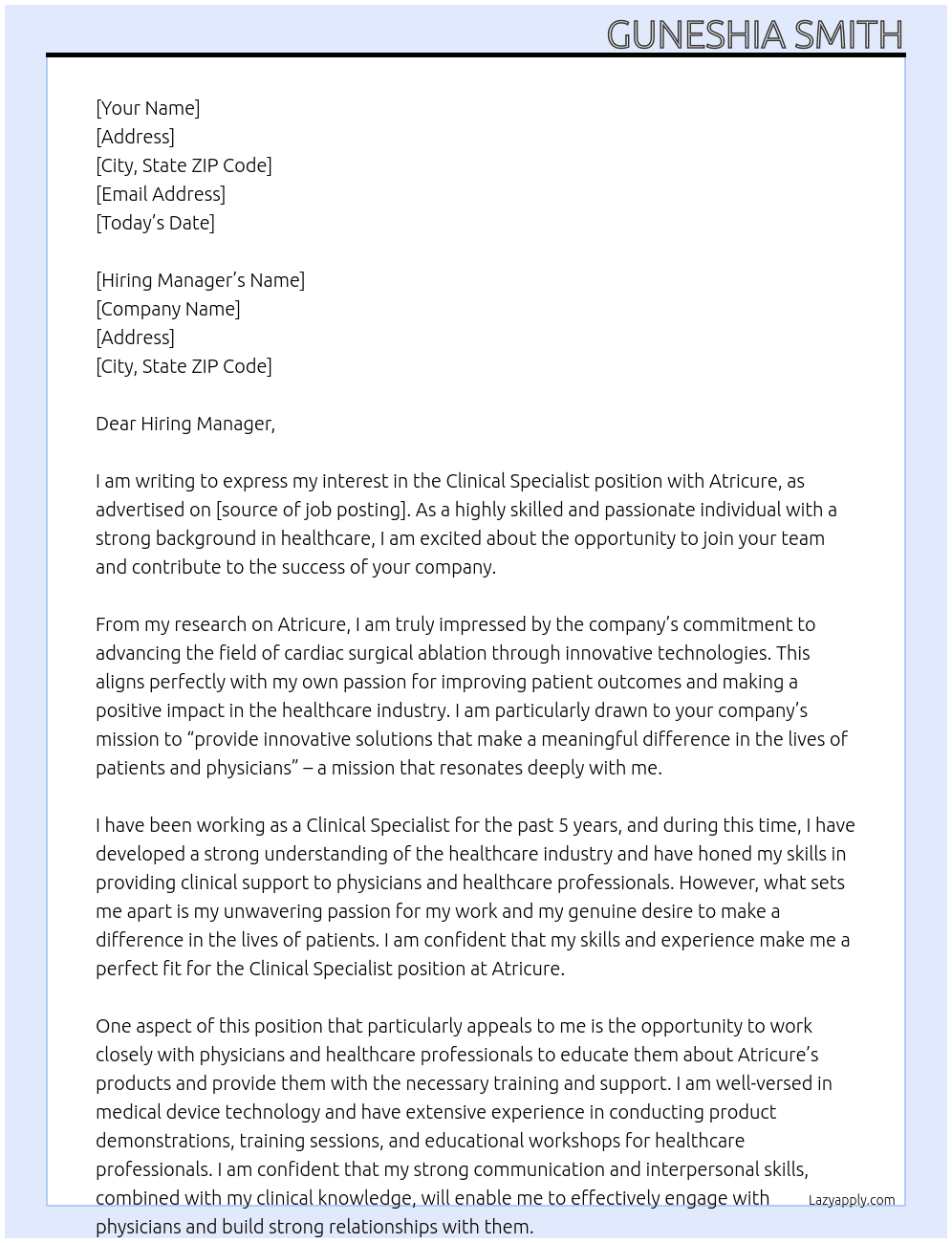 Clinical specialist  At Atricure Cover Letter