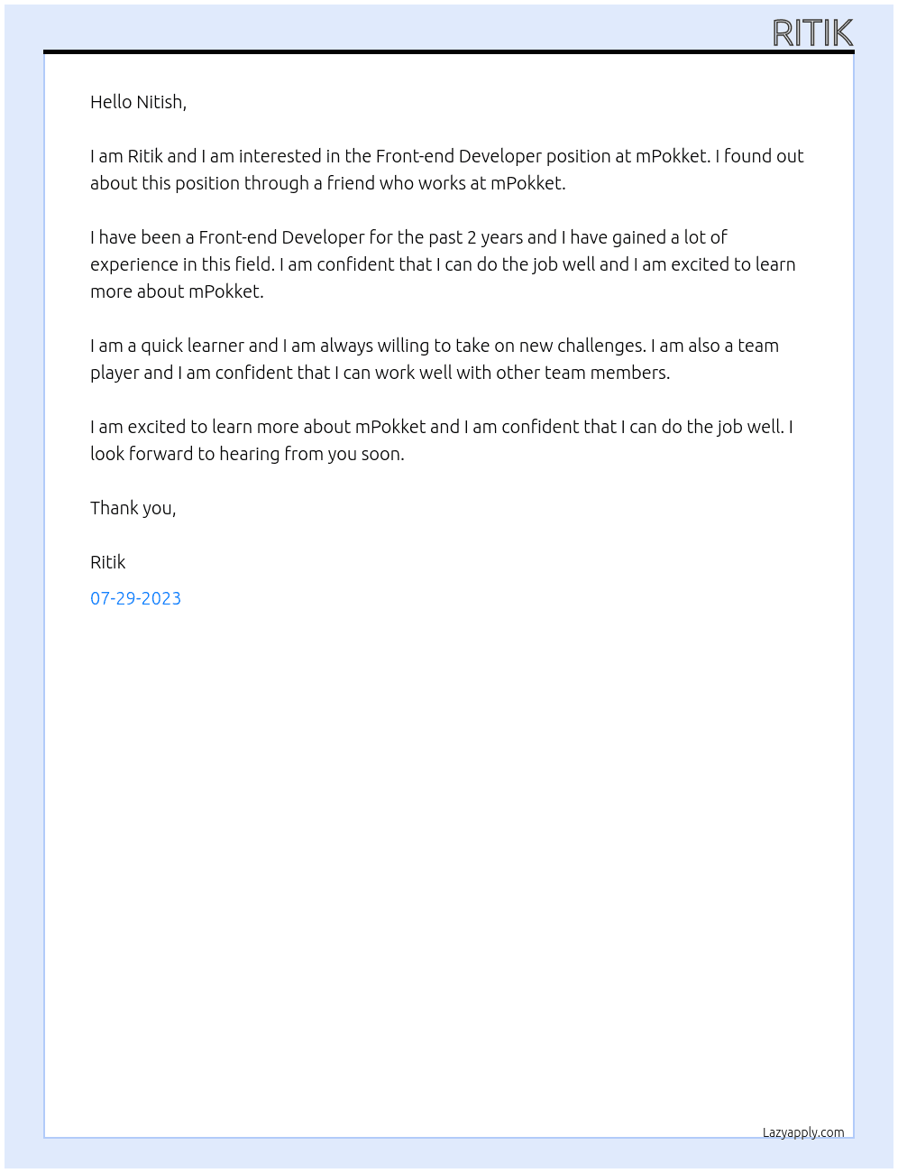 Front-end Developer At mPokket Cover Letter