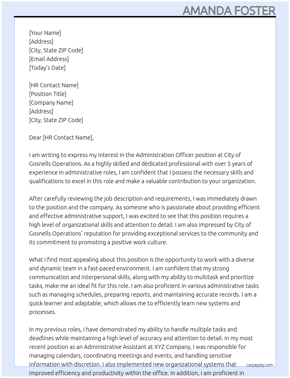 Administration Officer  At City of Gosnells Operations Cover Letter