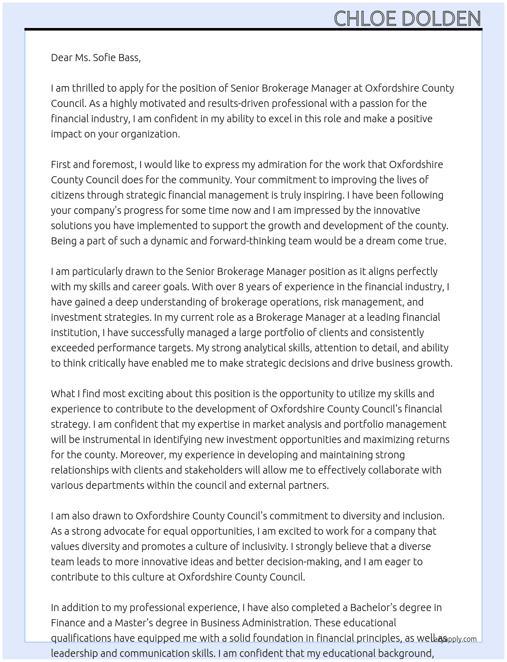 Senior brokerage manager At Oxfordshire county council  Cover Letter