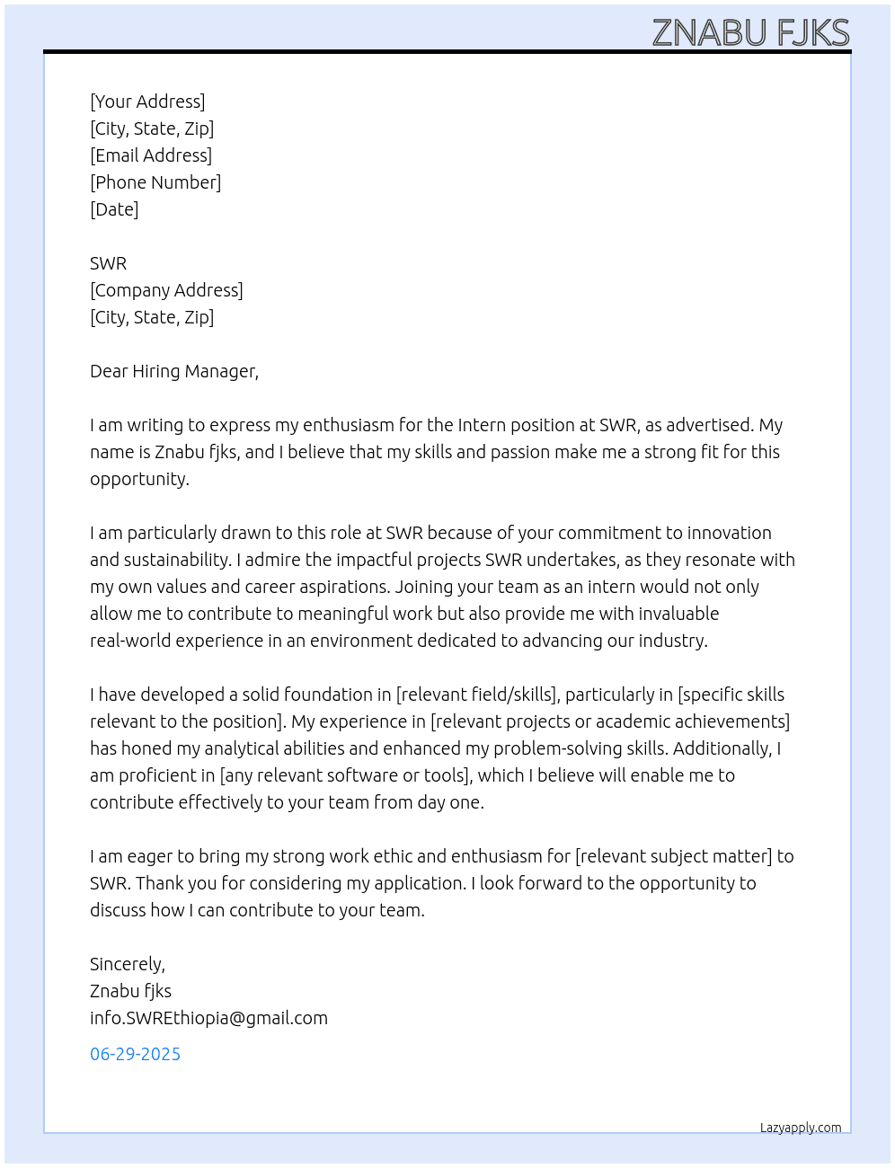 Intern At SWR Cover Letter