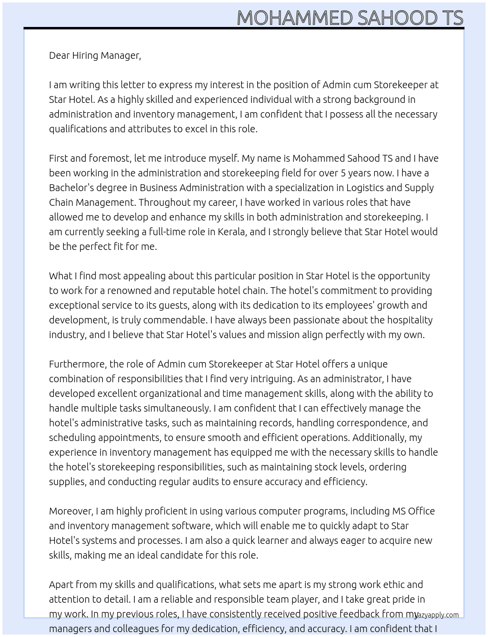Admin cum Store keeper At Star hotel Cover Letter