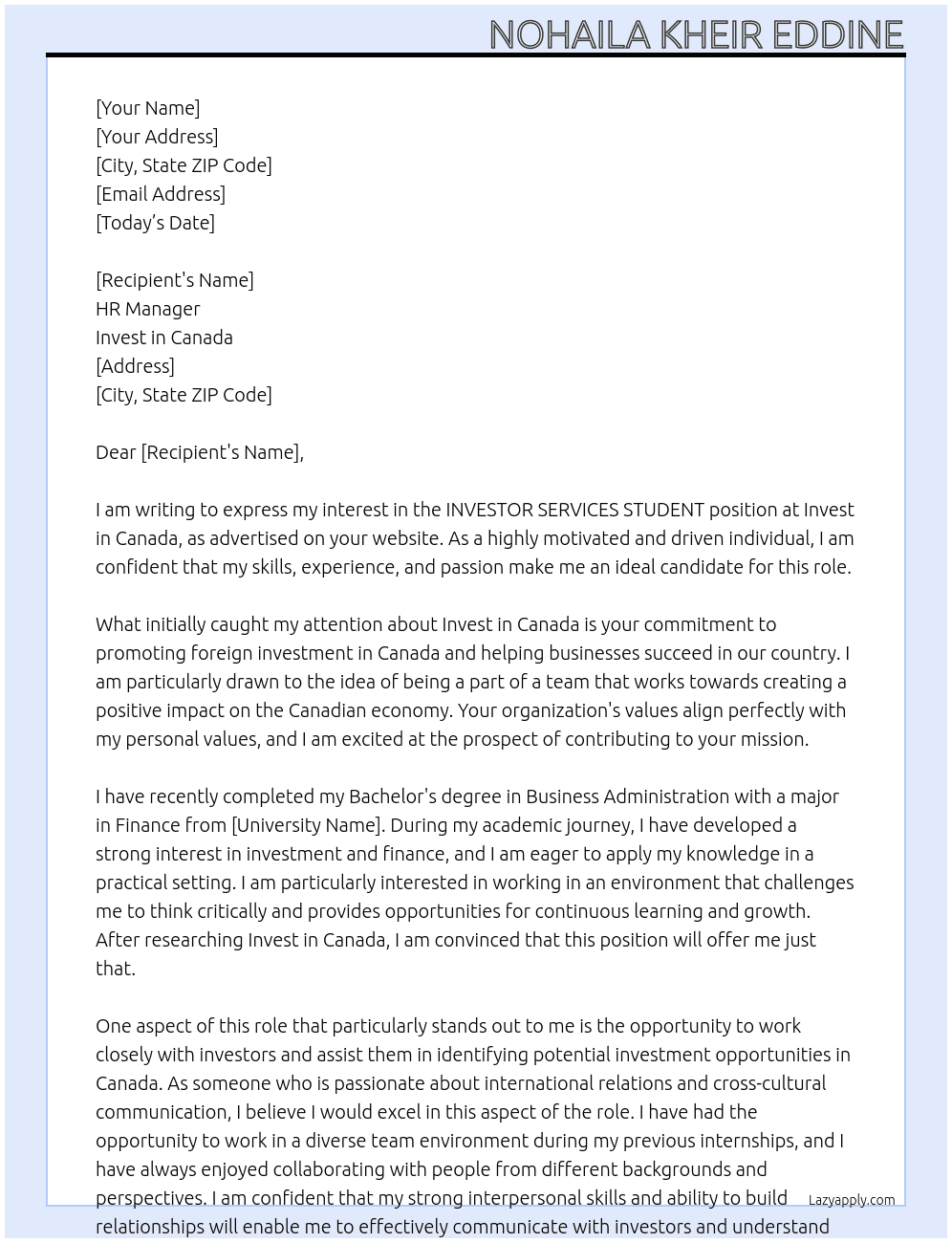 INVESTOR SERVICES STUDENT  At invest in canada Cover Letter