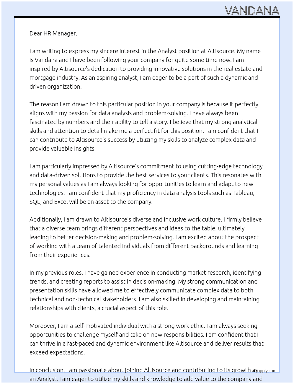 Analyst At Altisource Cover Letter
