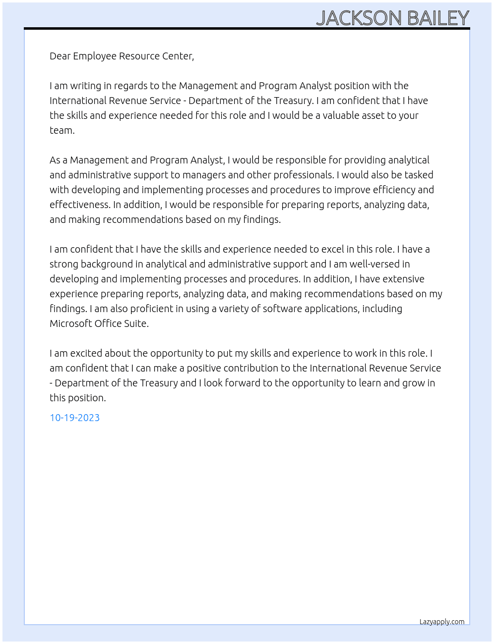 Management and Program Analyst At International Revenue Service - Department of the Treasury Cover Letter