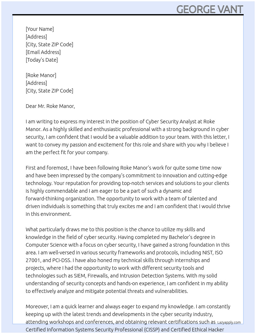Cyber Security Analyst At Roke Manor Cover Letter