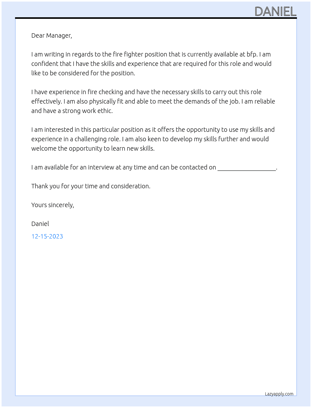 fire fighter At bfp Cover Letter