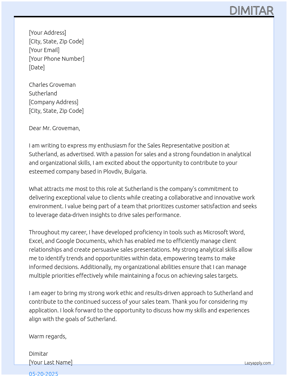 Sales representative At Sutherland Cover Letter