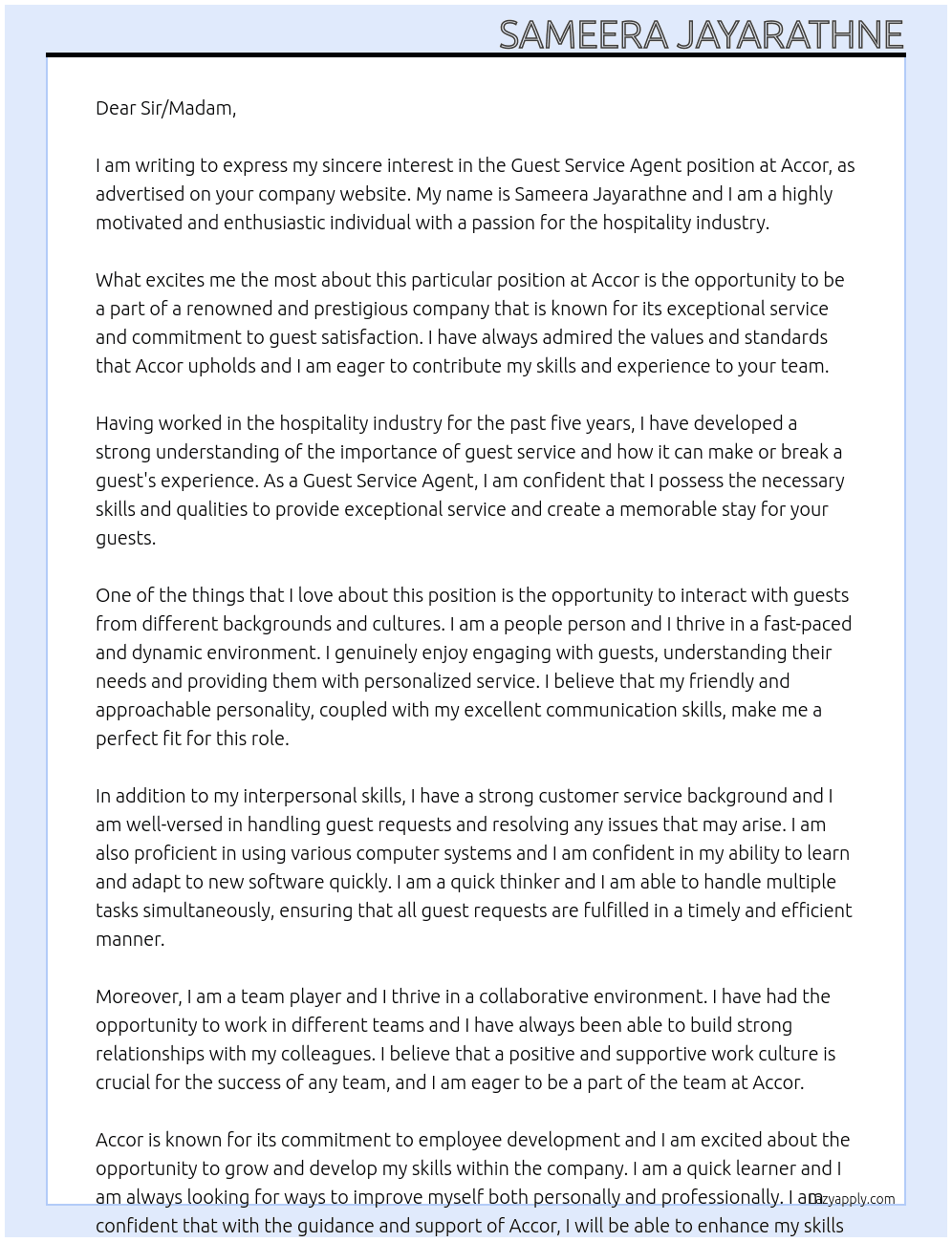 Guest Service Agent At Accor Cover Letter