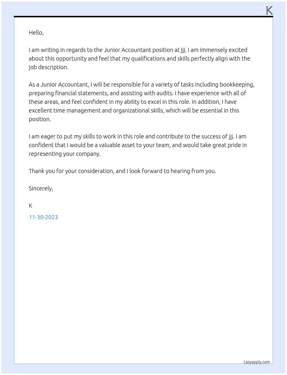 Junior Accountant At jjj Cover Letter