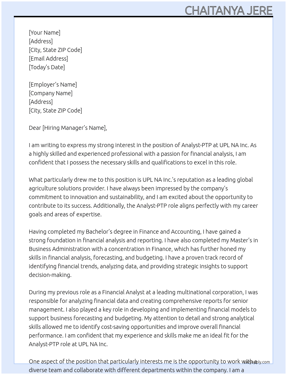 Analyst-PTP At UPL NA Inc. Cover Letter
