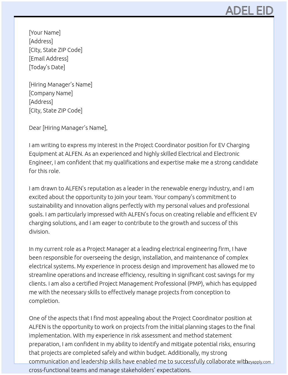 Project coordinator EV Charging Equipment At ALFEN Cover Letter