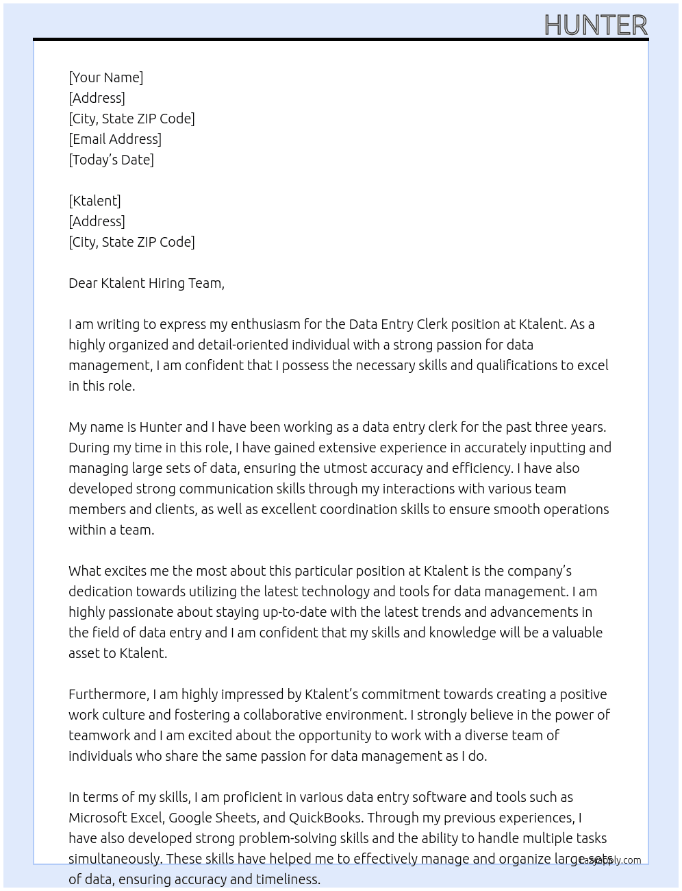 Data entry clerk At Ktalent Cover Letter
