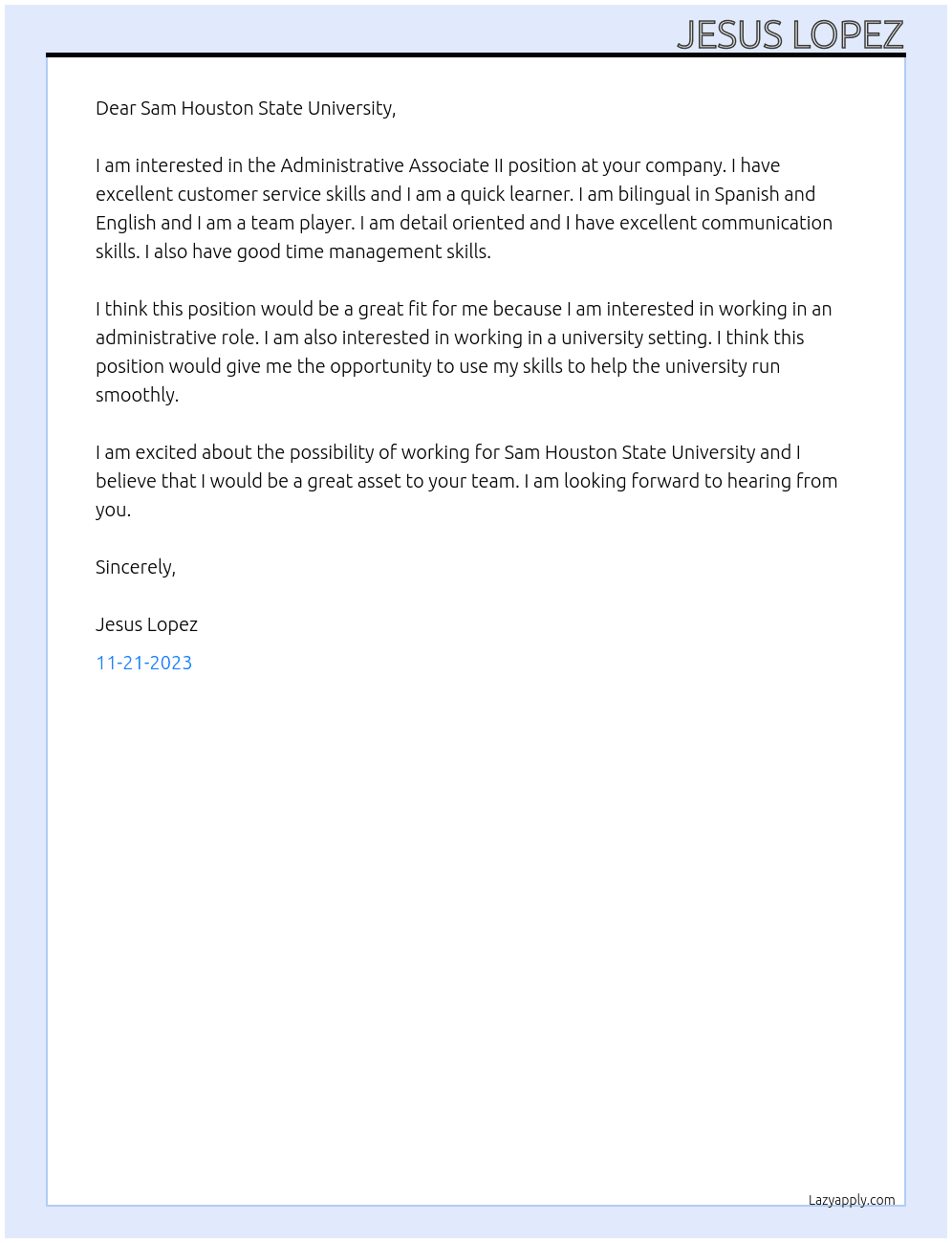 Administrative Associate II At Sam Houston State University  Cover Letter