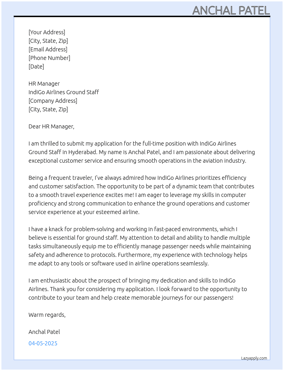 Indigo airlines  At Indigo airlines ground staff Cover Letter