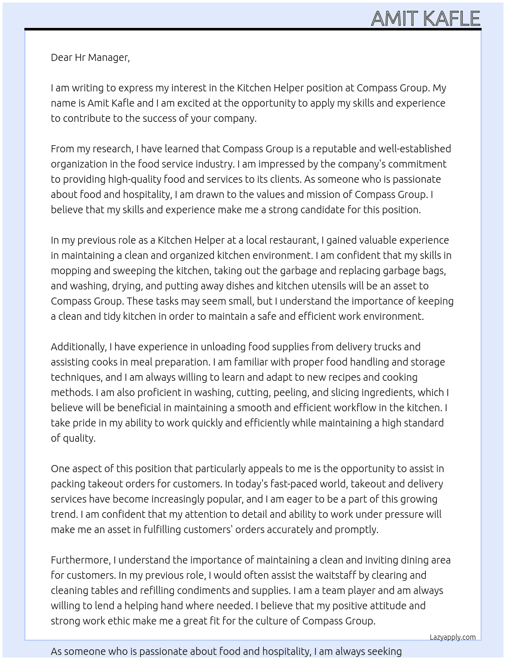 Kitchen helper  At Compass Group  Cover Letter