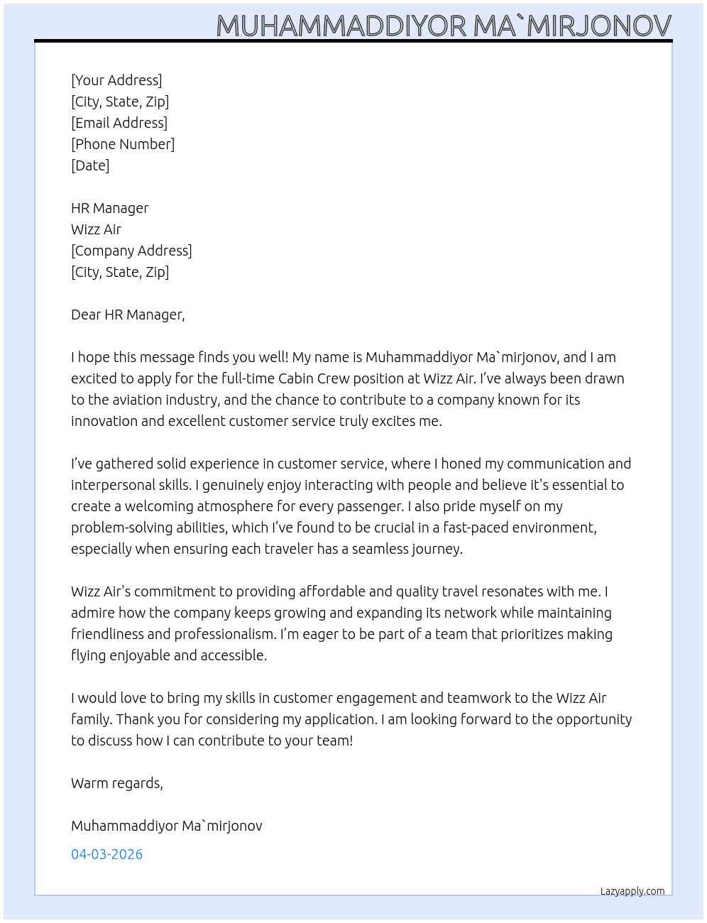 cabin crew  At wizz air  Cover Letter