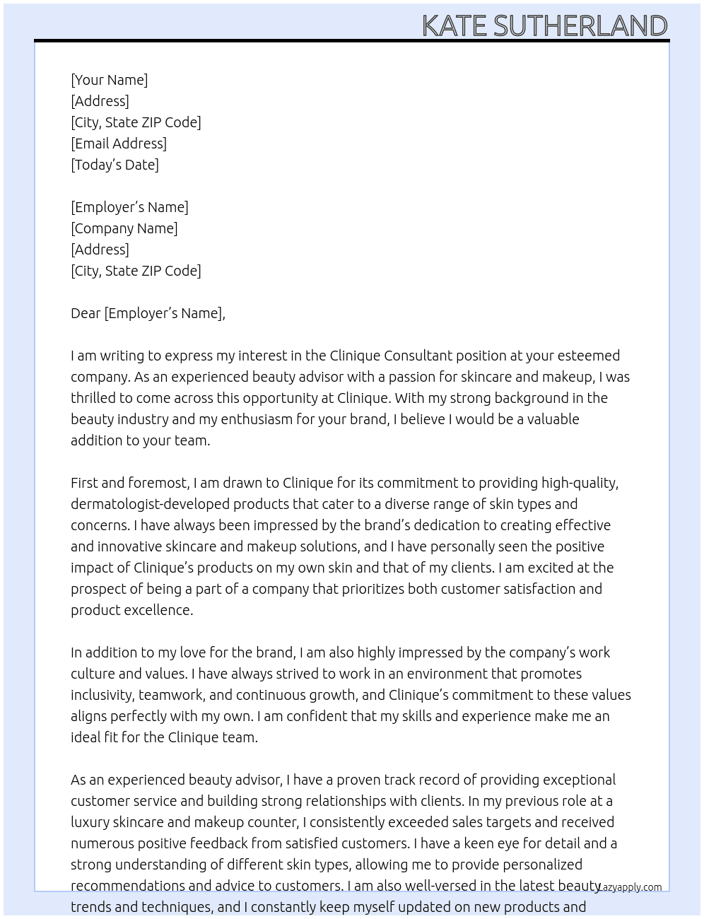 Clinique consultant  At Clinique  Cover Letter