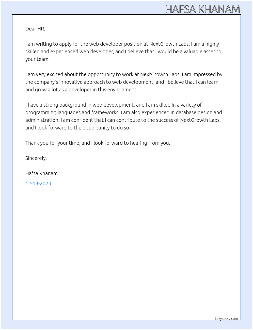 web developer At NextGrowth Labs Cover Letter