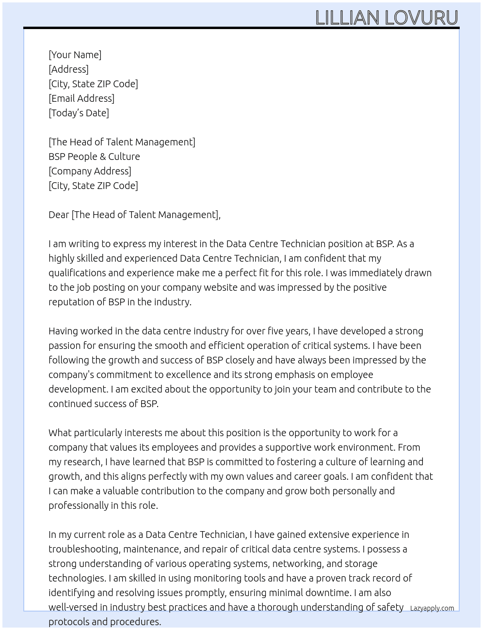 Data Centre Technician At BSP Cover Letter