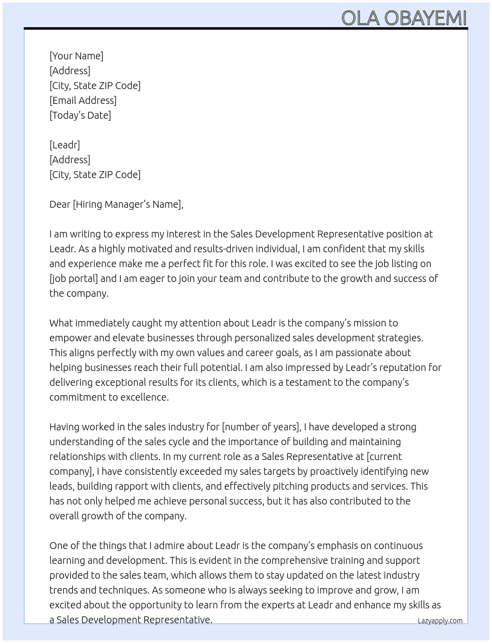 Sales Development Representative At Leadr Cover Letter