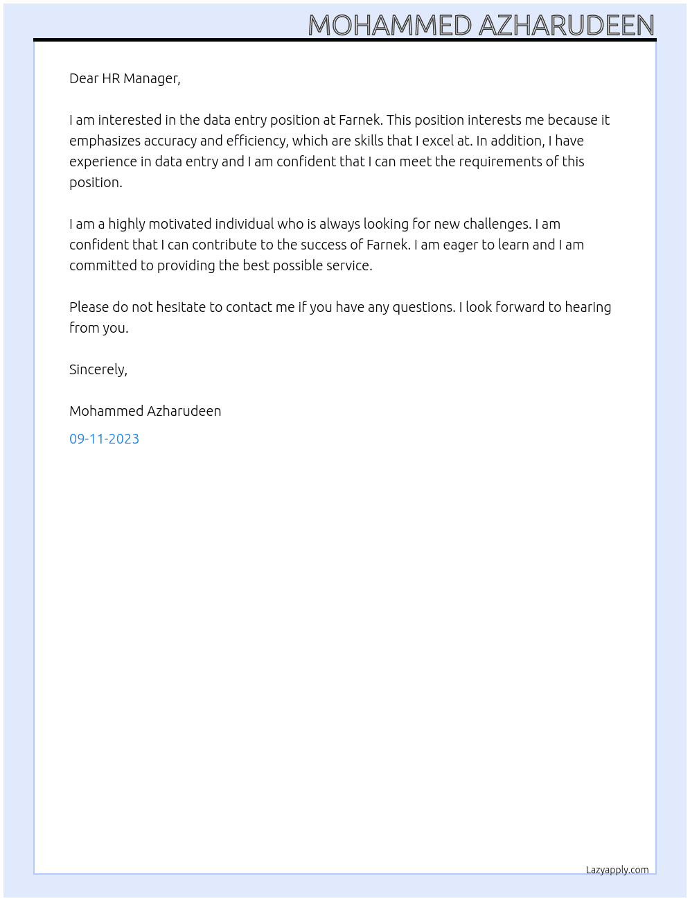 data entry At farnek Cover Letter