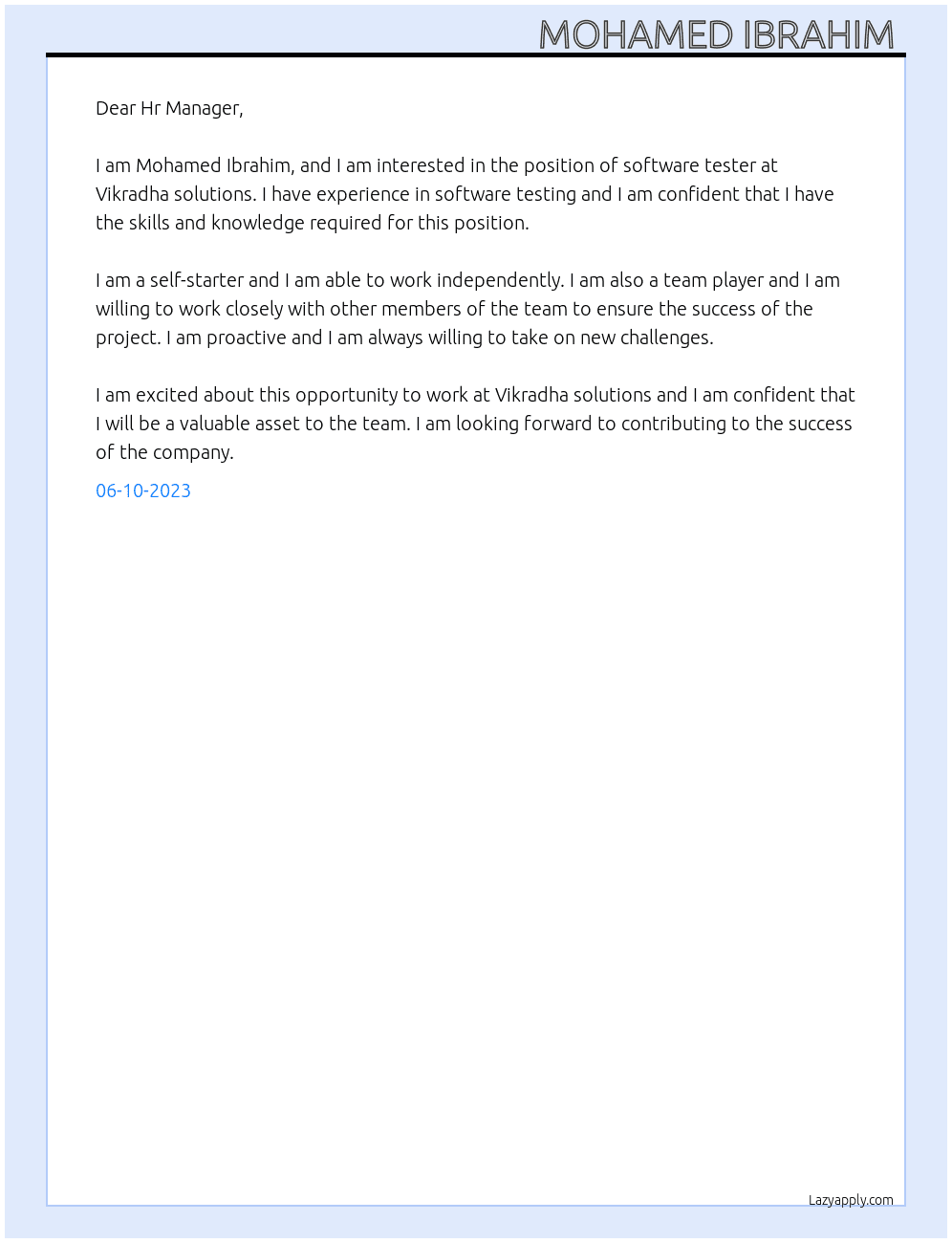 Software tester At Vikradha solutions  Cover Letter