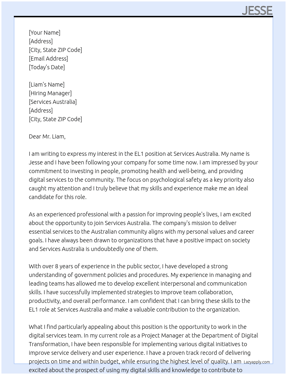 EL1 At Services Australia  Cover Letter