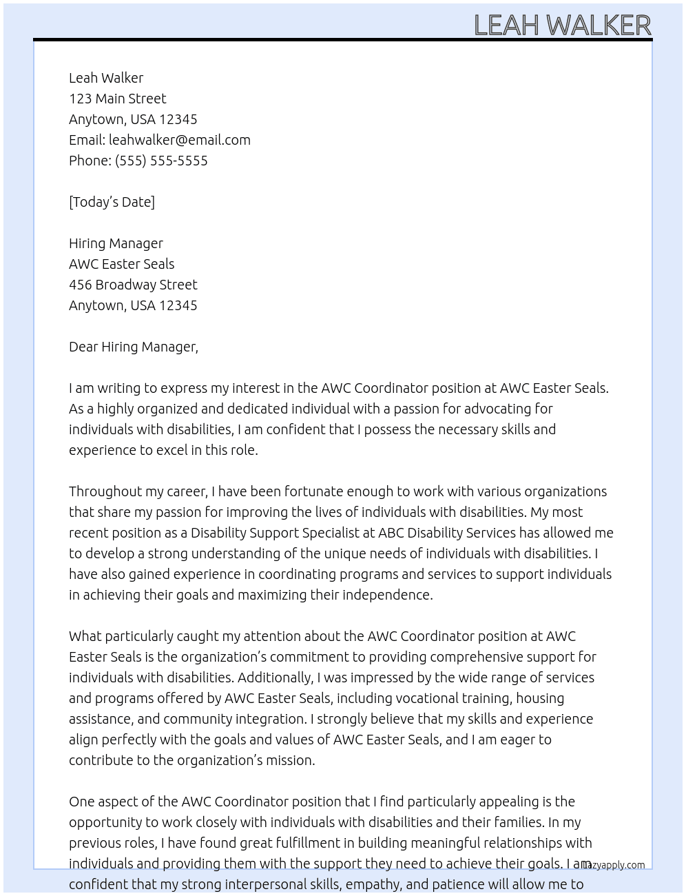 AWC Coordinator At AWC Easter Seals Cover Letter