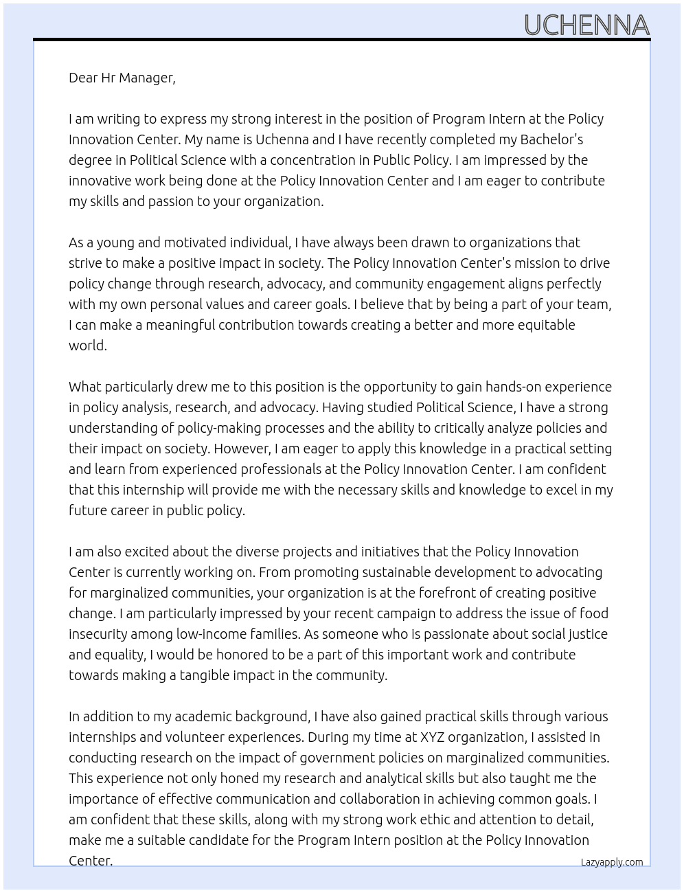 program intern At policy innovation center Cover Letter