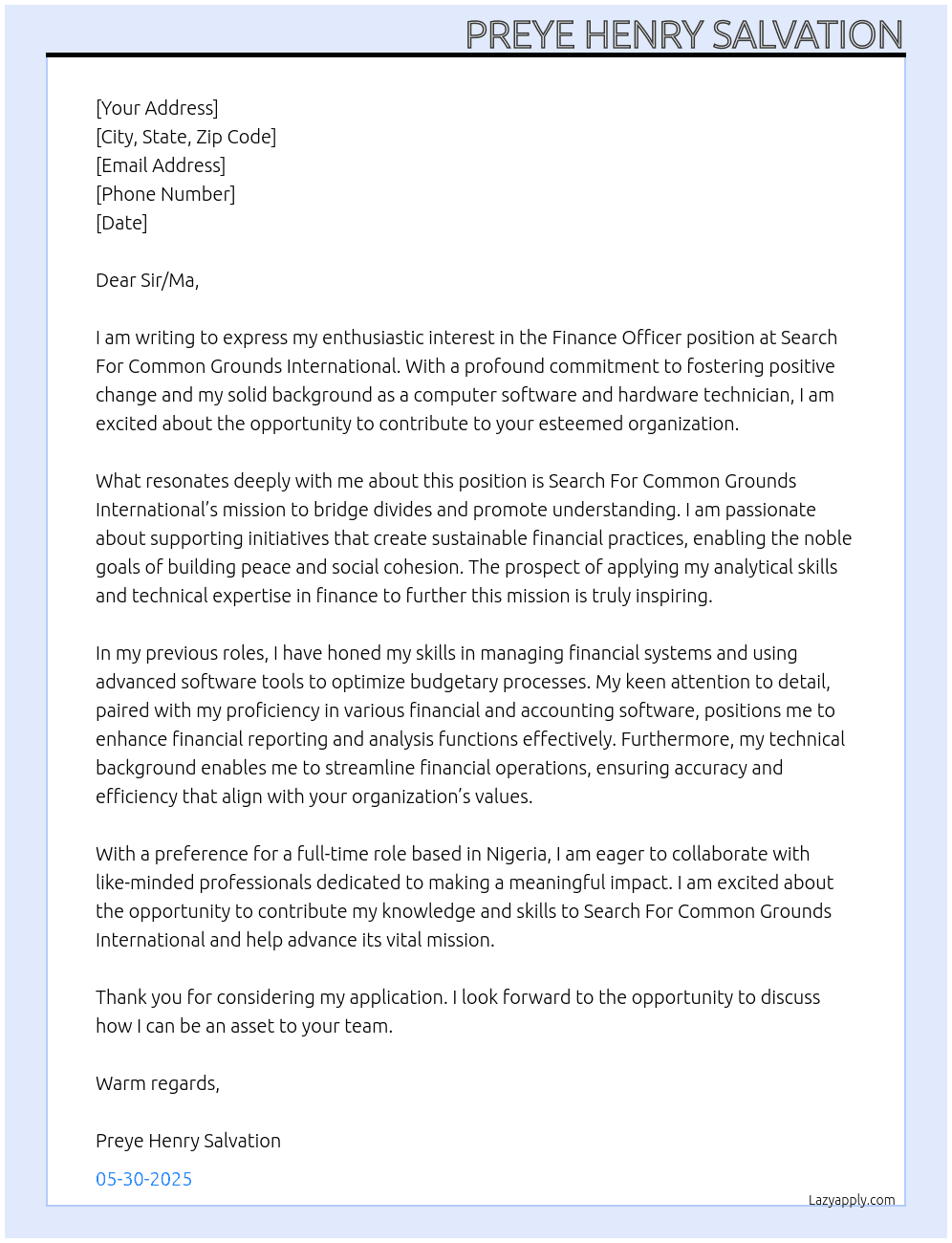 Finance officer At Search For Common Grounds International Cover Letter