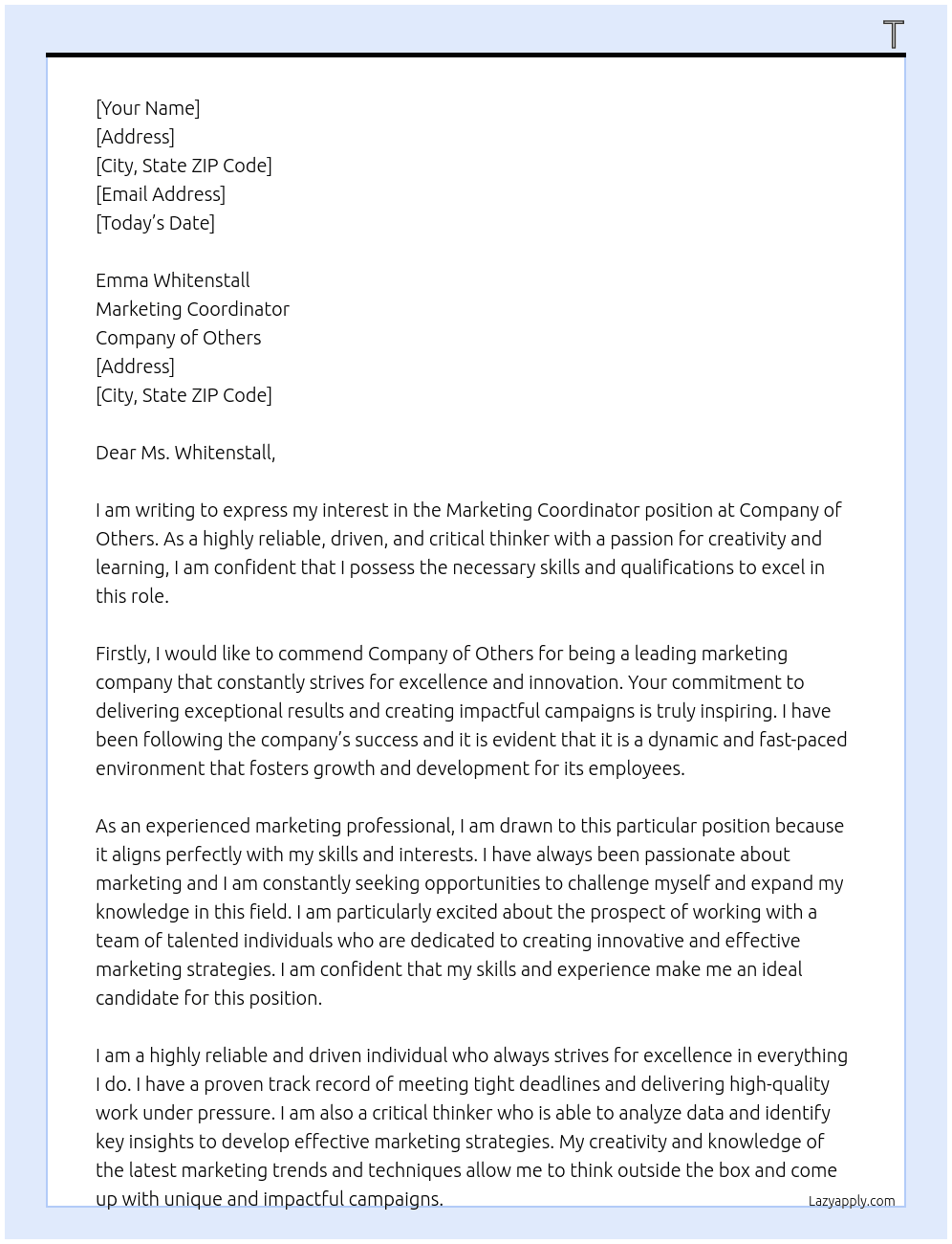 Marketing Coordinator  At Company of Others Cover Letter