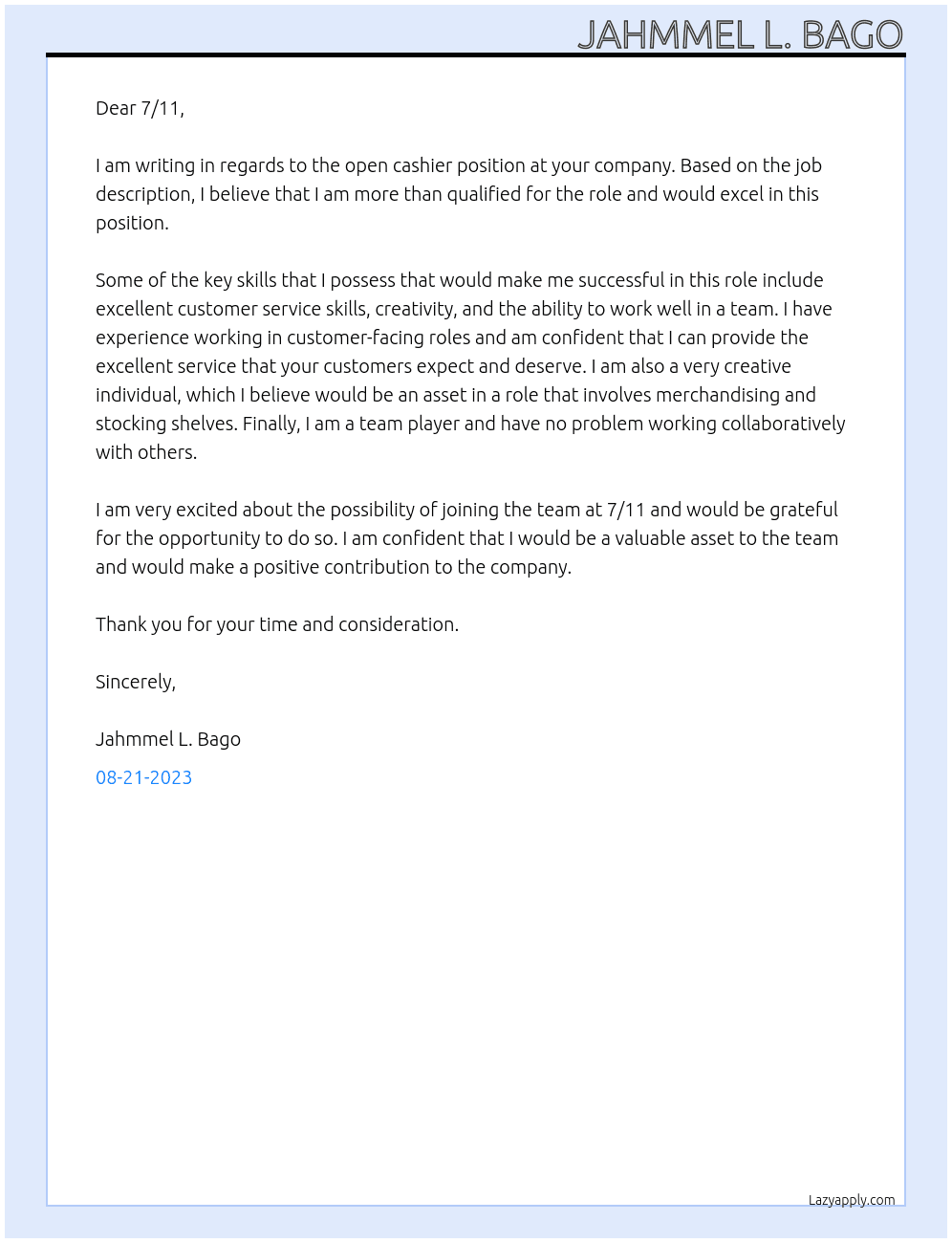 Cashier  At 7/11 Cover Letter