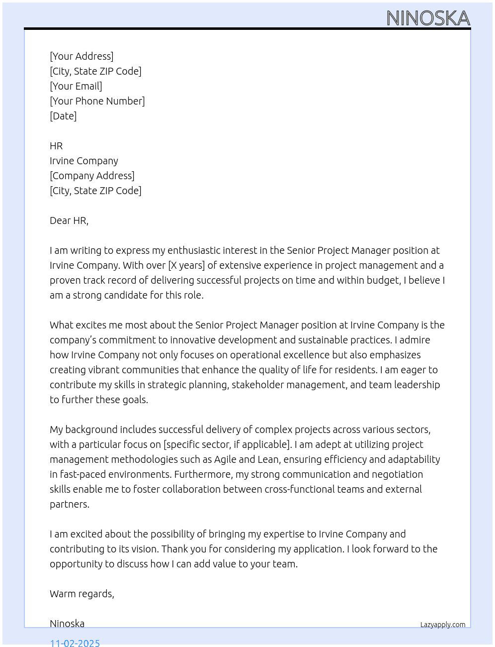 SENIOR PROJECT MANAGER At IRVINE COMPANY Cover Letter
