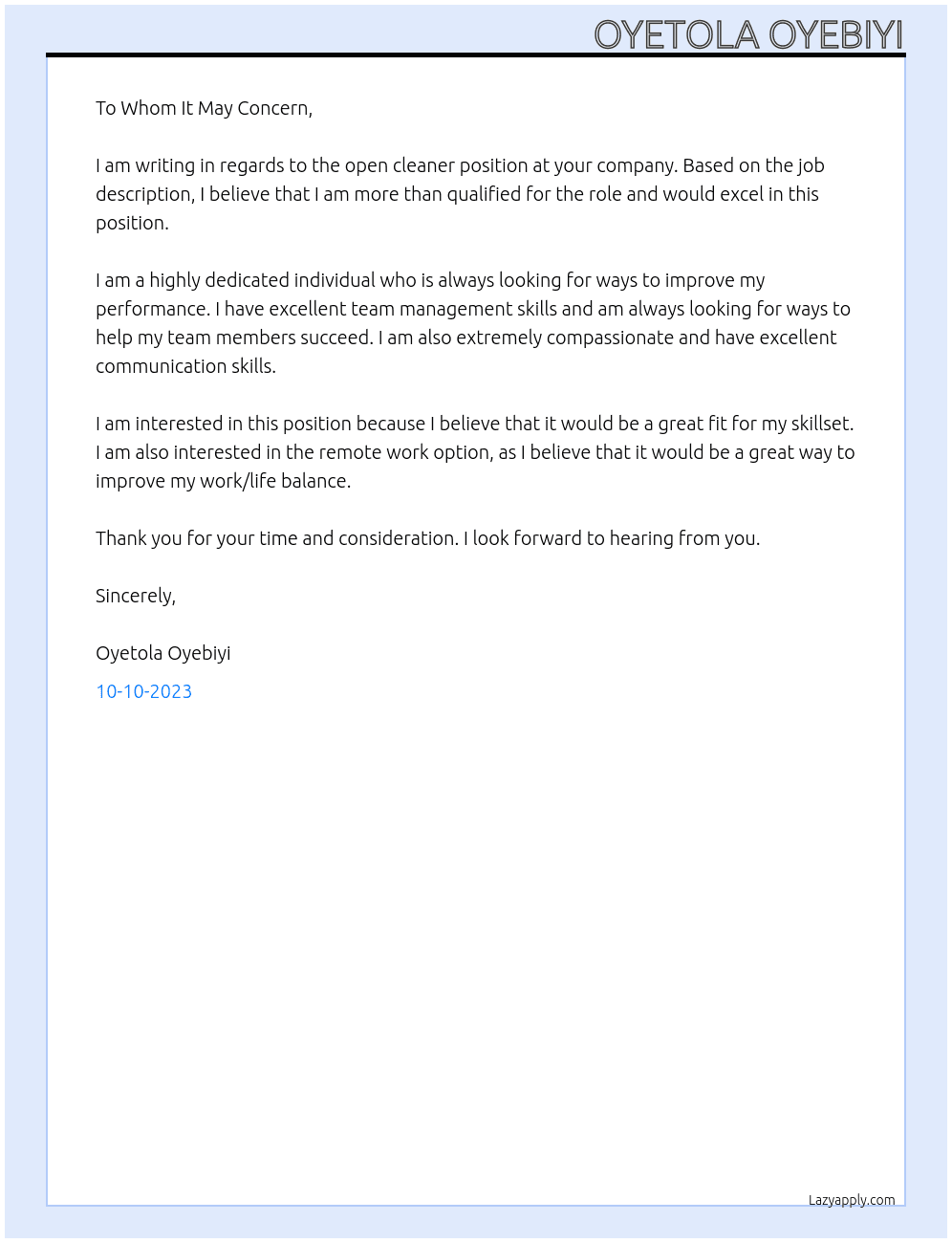 Cleaner At Warehouse, retail Cover Letter