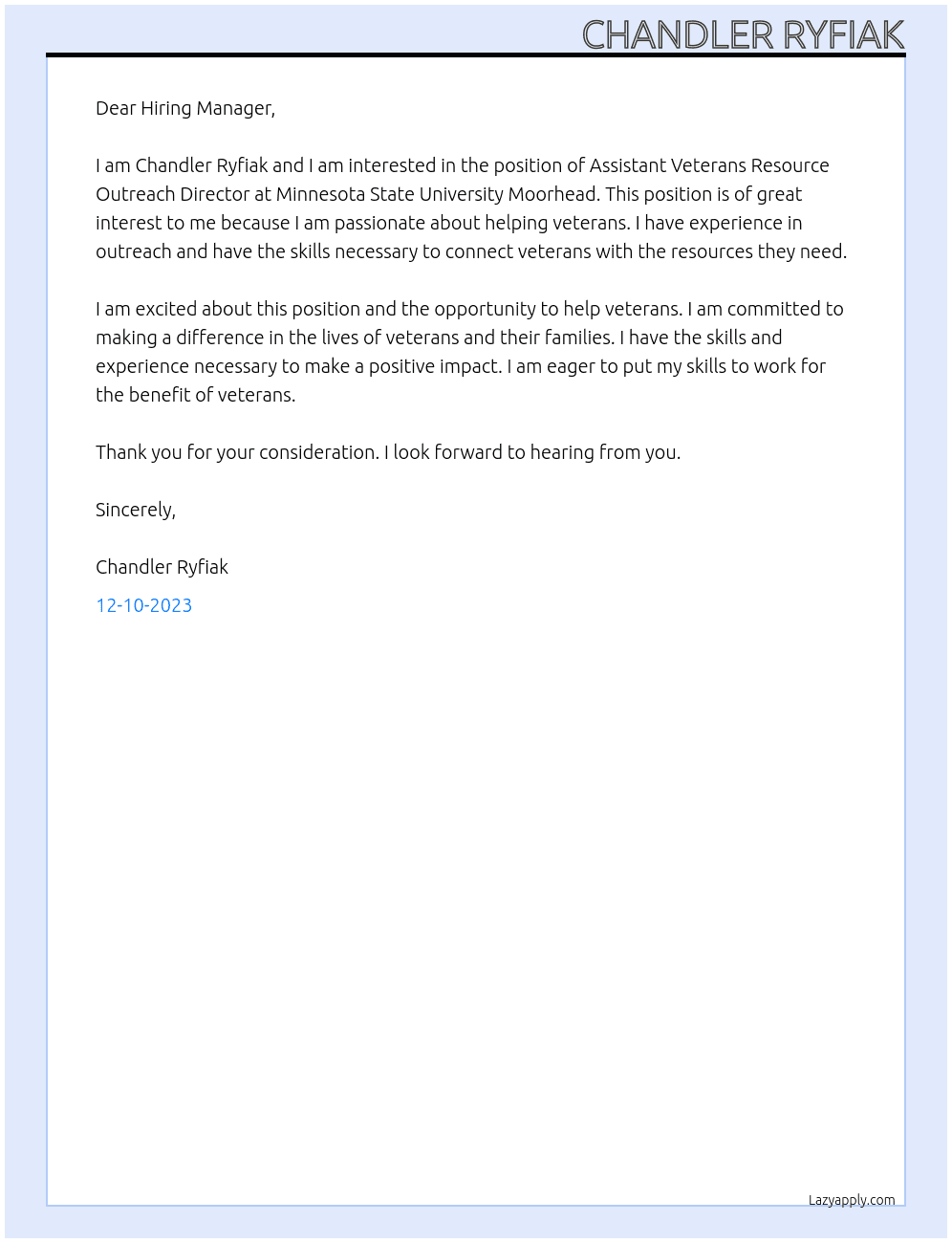 Assistant Veterans Resource Outreach Director At Minnesota State University Moorhead Cover Letter