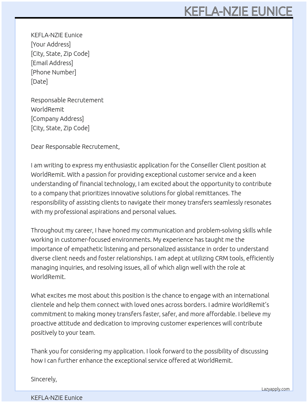 Conseiller client At World remit Cover Letter
