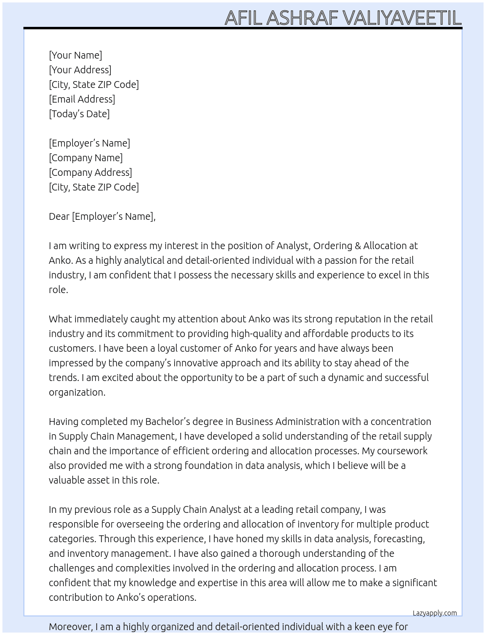 Analyst, Ordering & Allocation At Anko Cover Letter