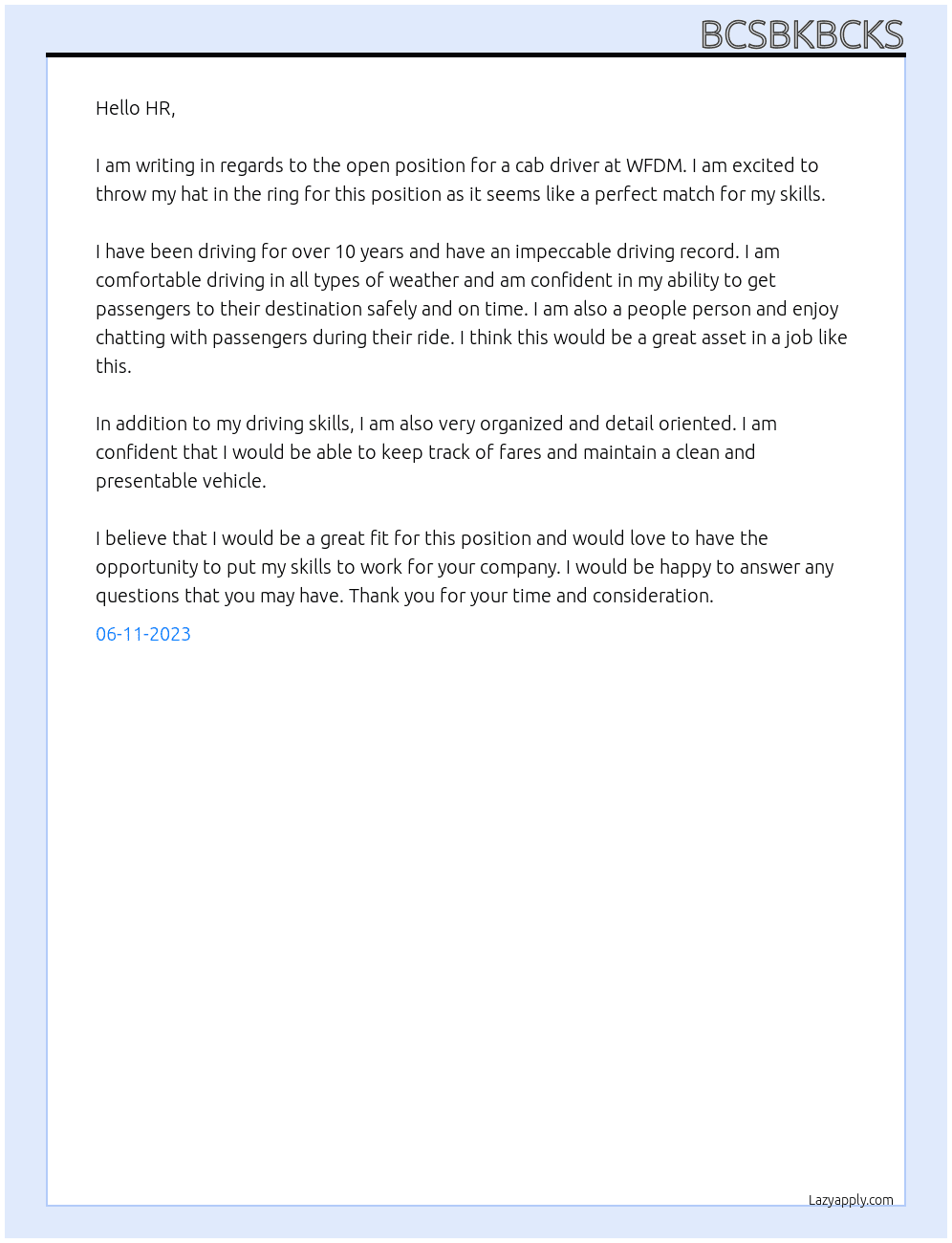 CAB DRIVER At WFDM Cover Letter
